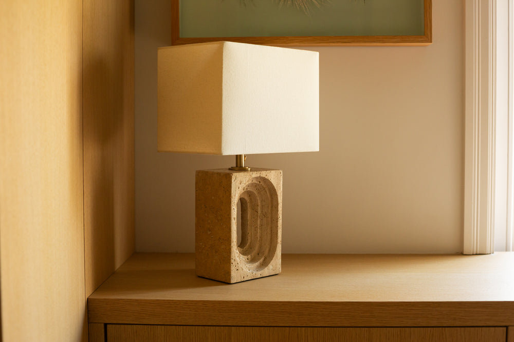 Travertine Rectangular Table Lamp with Light Natural Cotton Rounded Rectangle Shade, Product Code TR-RETL-NB-RE-M-NC 