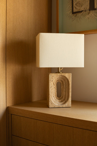 Travertine Rectangular Table Lamp with Light Natural Cotton Rounded Rectangle Shade, Product Code TR-RETL-NB-RE-M-NC 