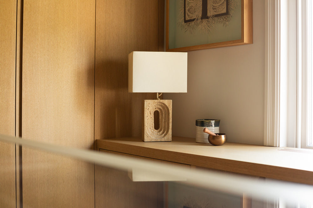 Travertine Rectangular Table Lamp with Light Natural Cotton Rounded Rectangle Shade, Product Code TR-RETL-NB-RE-M-NC 