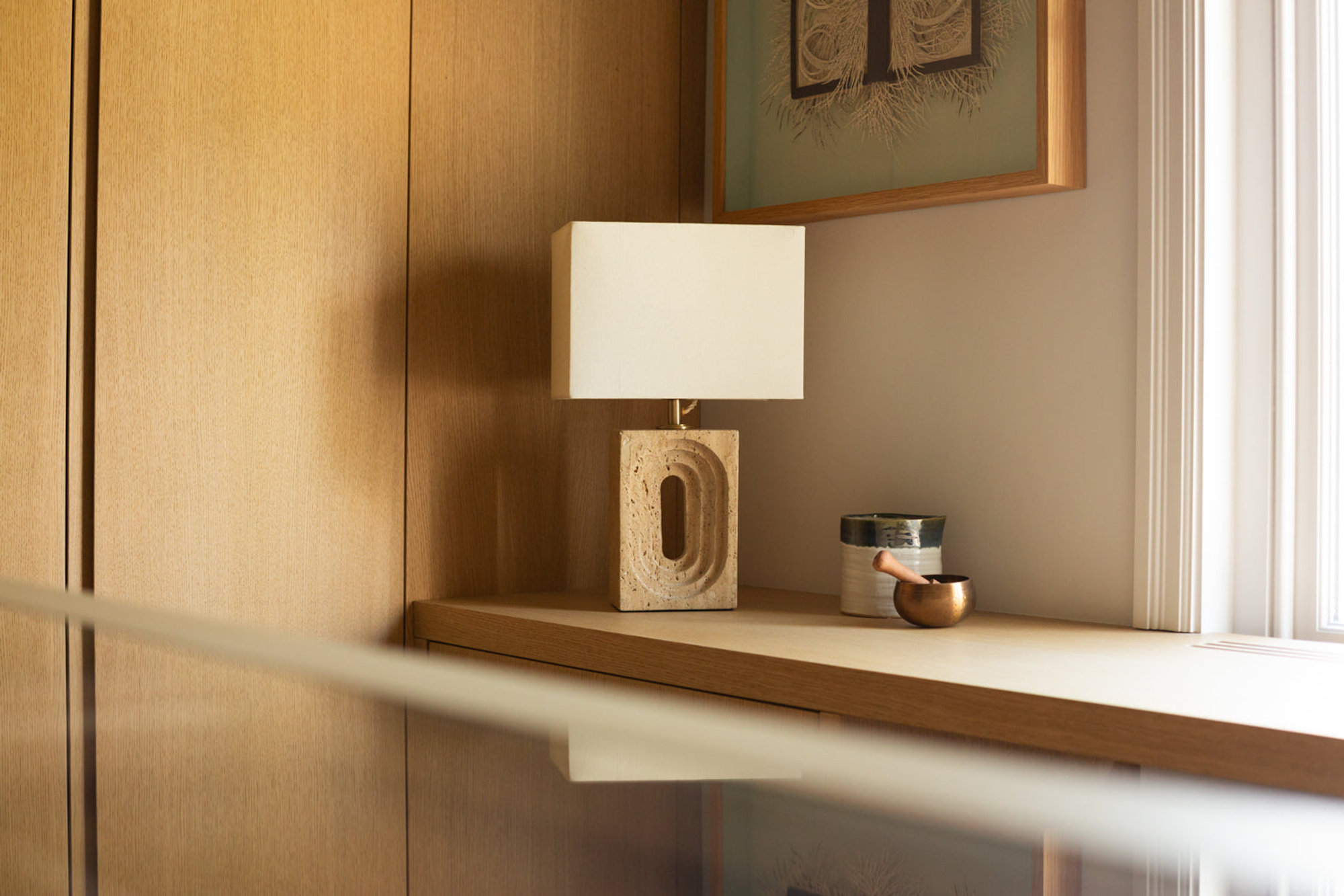 Travertine Rectangular Table Lamp with Light Natural Cotton Rounded Rectangle Shade, Product Code TR-RETL-NB-RE-M-NC 