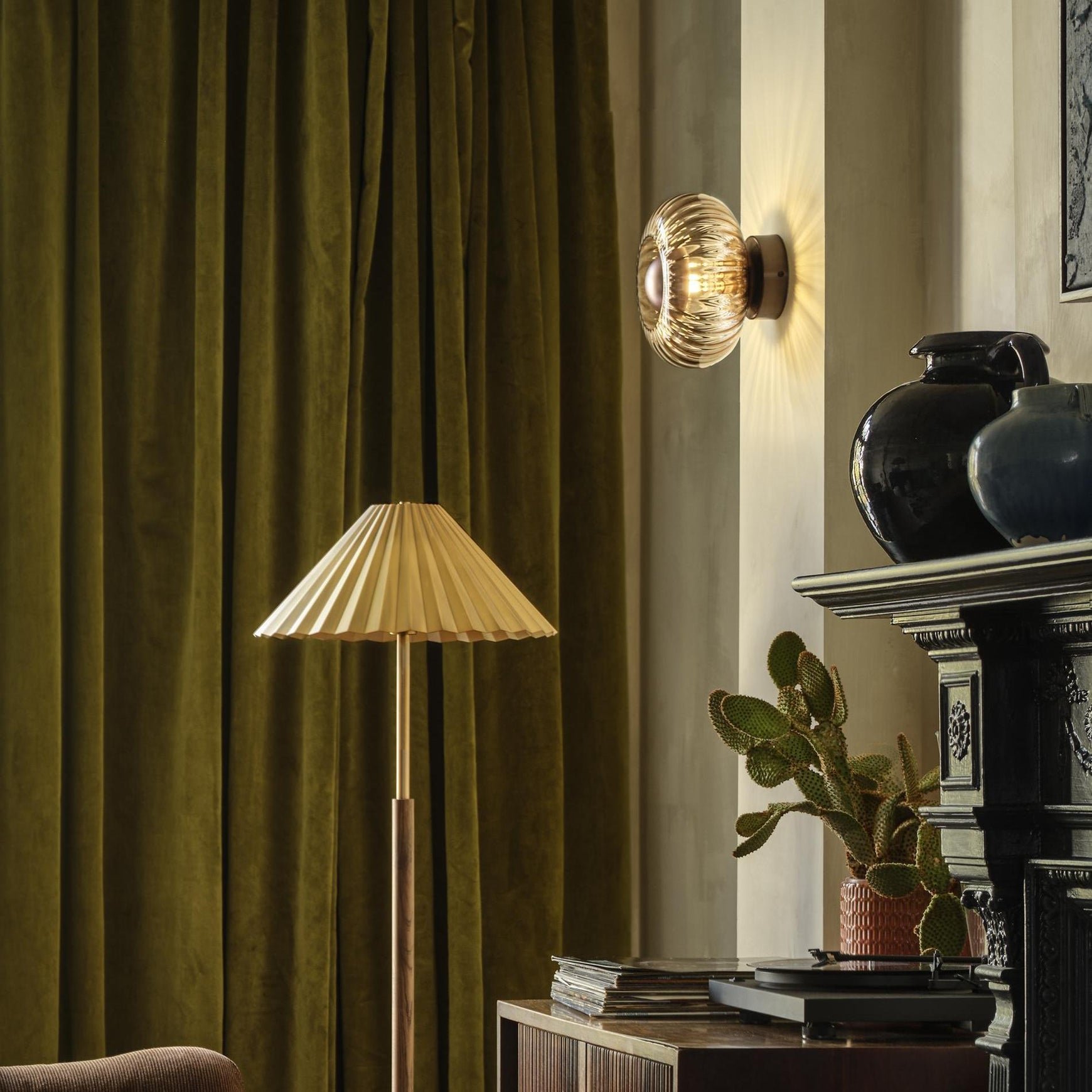 Chelsea Glass Round Diffuser Wall Light Flush Mount with Ribbed Mocha Glass and Bronze Wall Holder