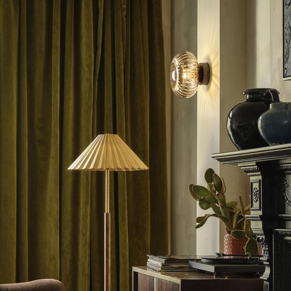 Chelsea Glass Round Diffuser Wall Light Flush Mount with Ribbed Mocha Glass and Bronze Wall Holder