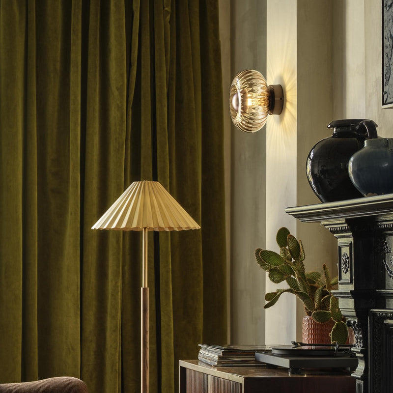 Chelsea Glass Round Diffuser Wall Light Flush Mount with Ribbed Mocha Glass and Bronze Wall Holder