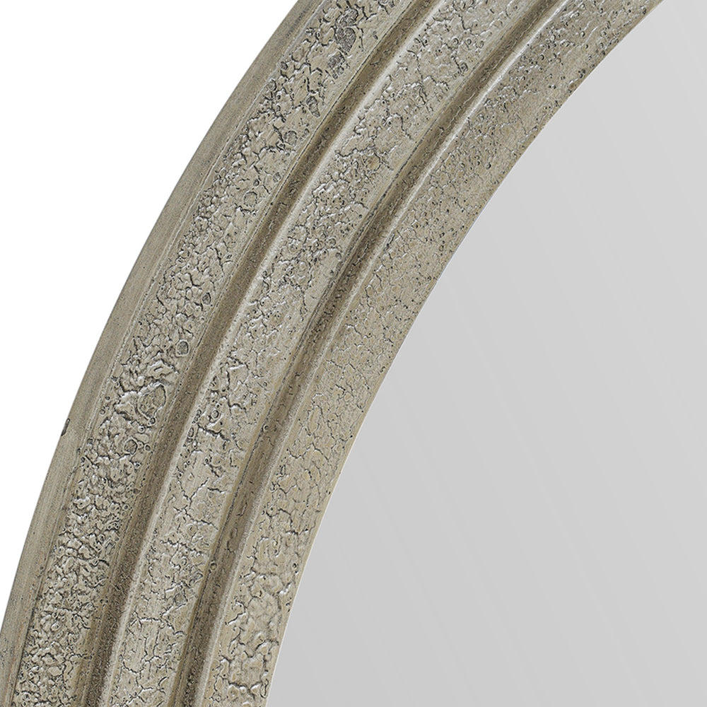 Close up of Walcott arch wall mirror with distressed grey wood frame