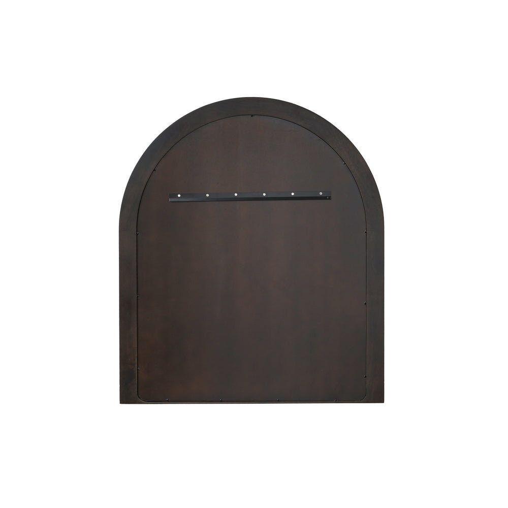 Back of Walcott arch wall mirror with distressed grey wood frame, 39 inch