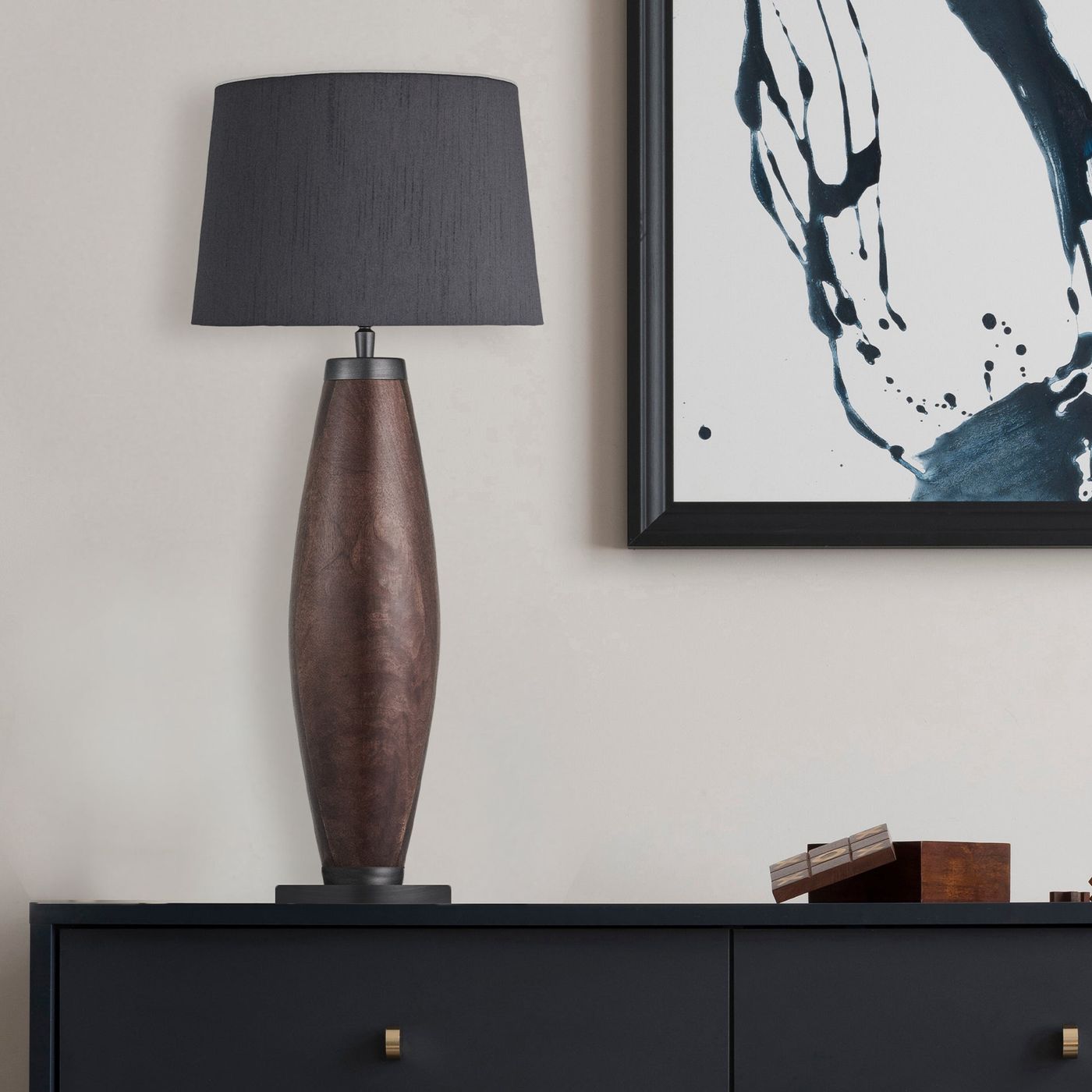 Wooden Geometric Large Pillar Table Lamp - Walnut - Base Only