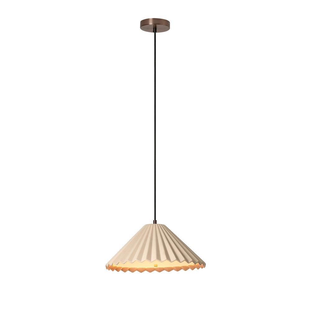 Wycombe Ceramic Umbrella Pleated Pendant Light in Natural finish lit up