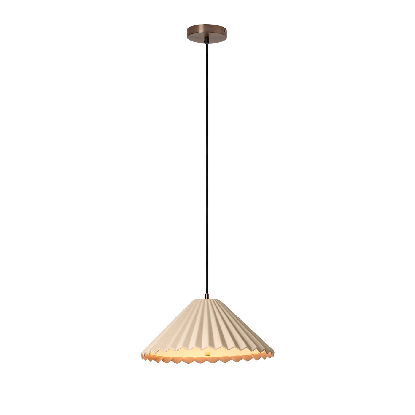 Wycombe Ceramic Umbrella Pleated Pendant Light in Natural finish lit up
