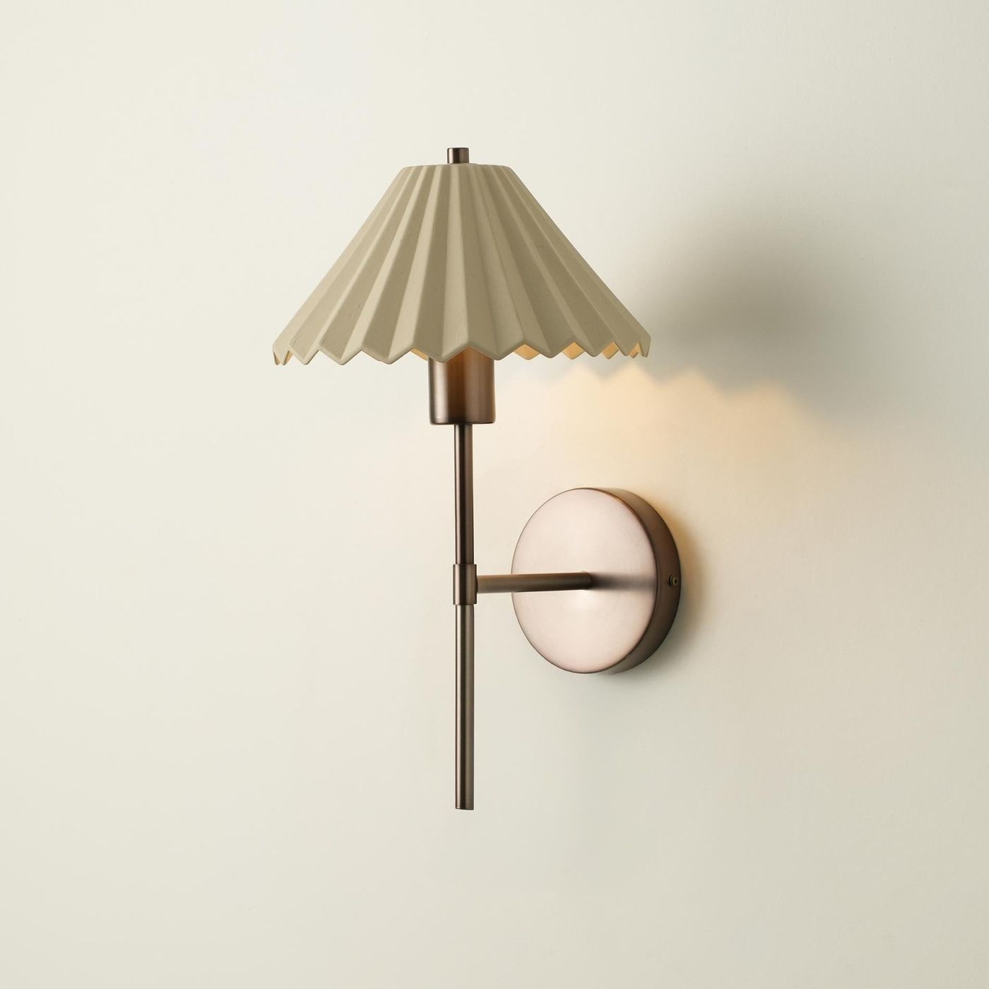 Wycombe Ceramic Umbrella  Pleated Wall Light in Natural finish lit up