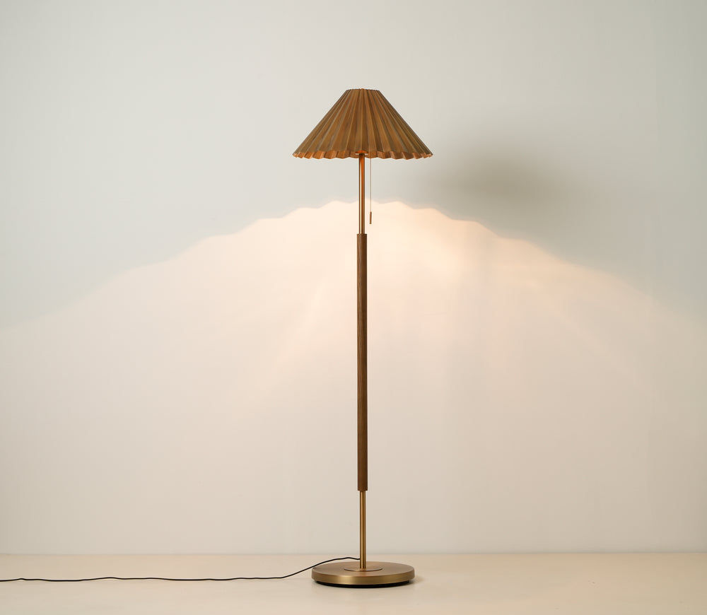 Wycombe Umbrella Pleated Floor Lamp in Brass lit up