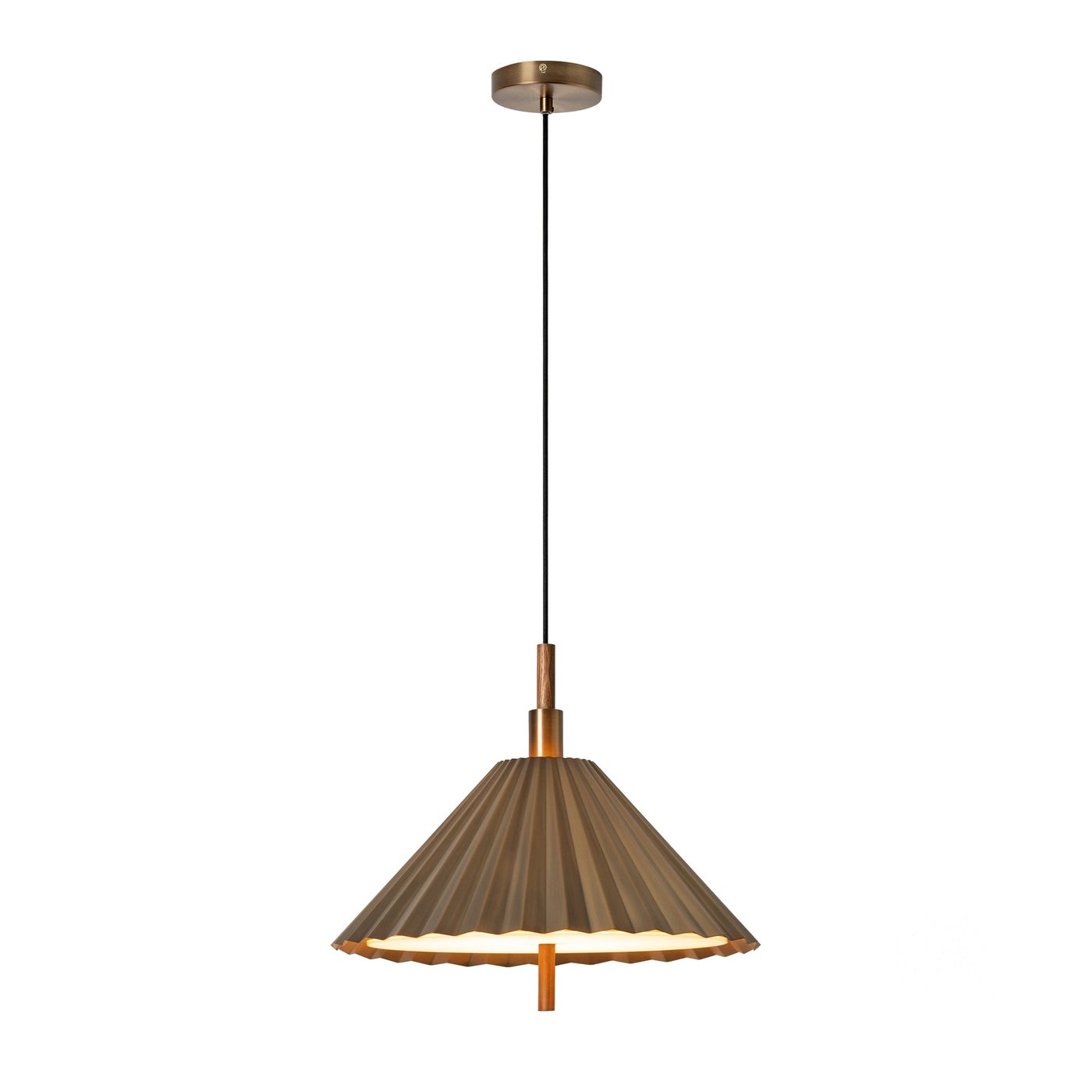 Wycombe Umbrella Pleated Pendant Light in Brass finish lit up