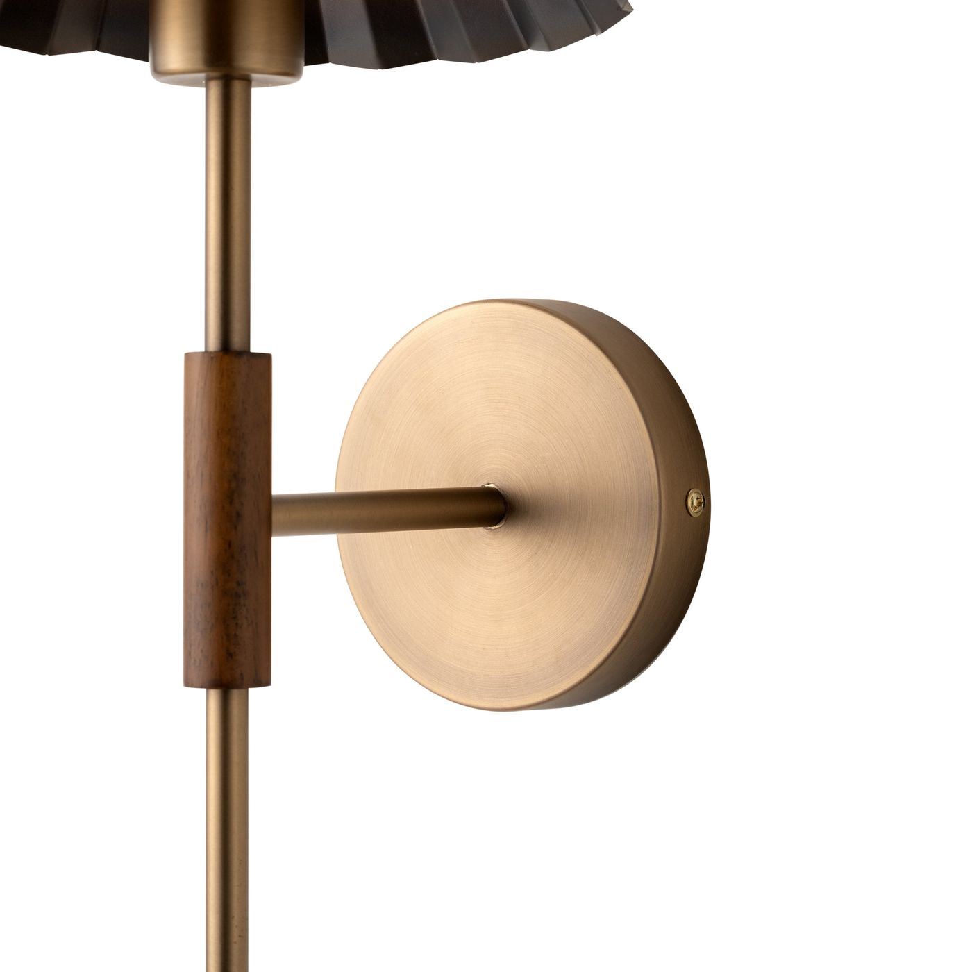 Wycombe Umbrella Pleated Wall Light in Brass close up wooden detail of the holder