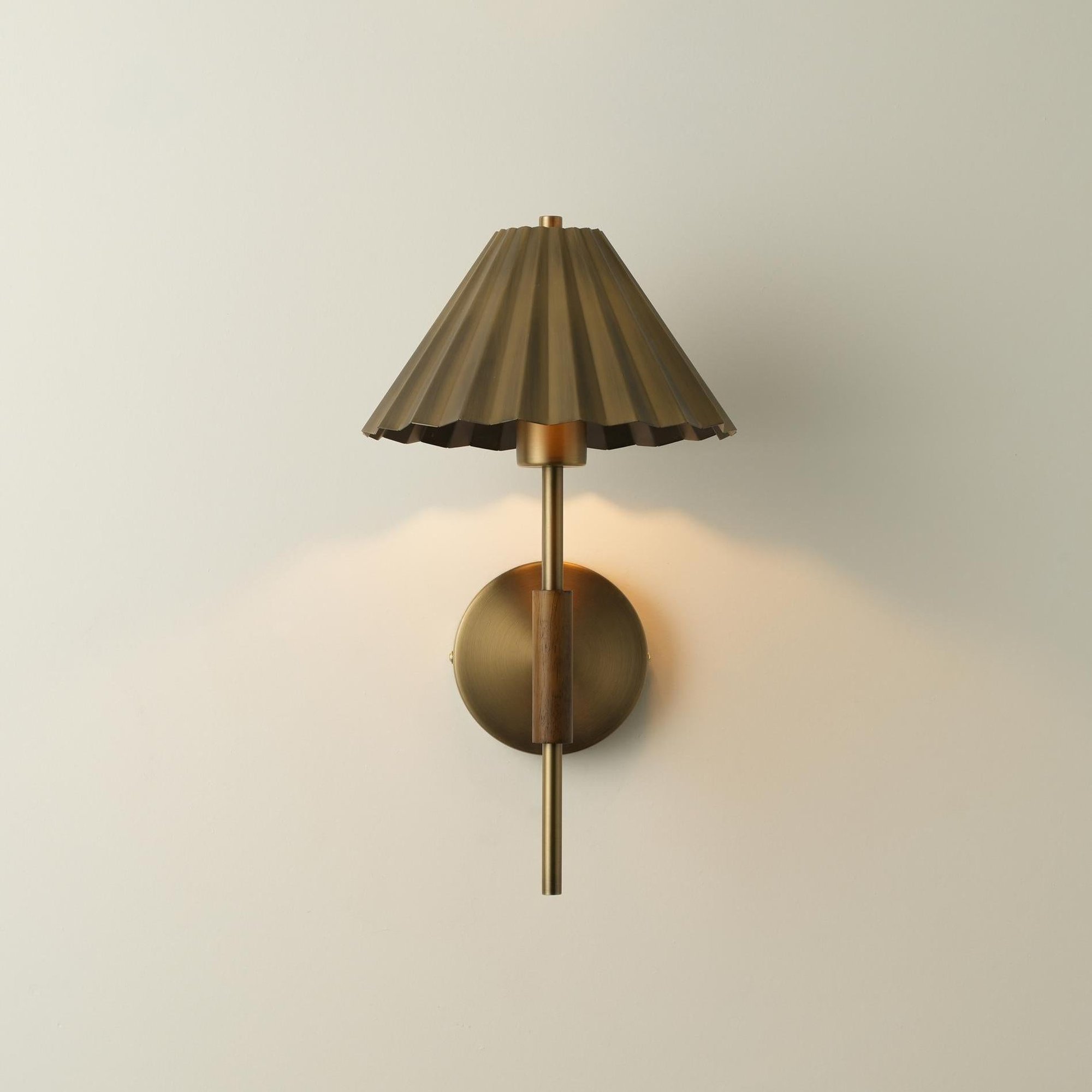 Wycombe Umbrella Pleated Wall Light in Brass lit up