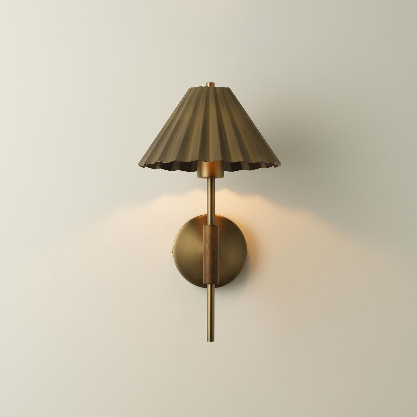 Wycombe Umbrella Pleated Wall Light in Brass lit up