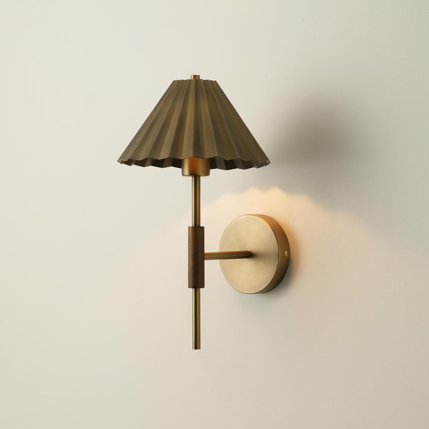 Wycombe Umbrella Pleated Wall Light in Brass lit up