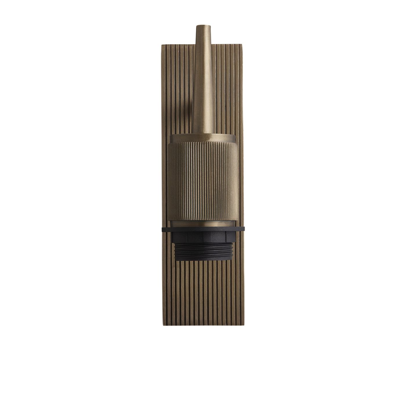 Wall light with a brass finish shown from a front view, highlighting ribbed details without a lampshade