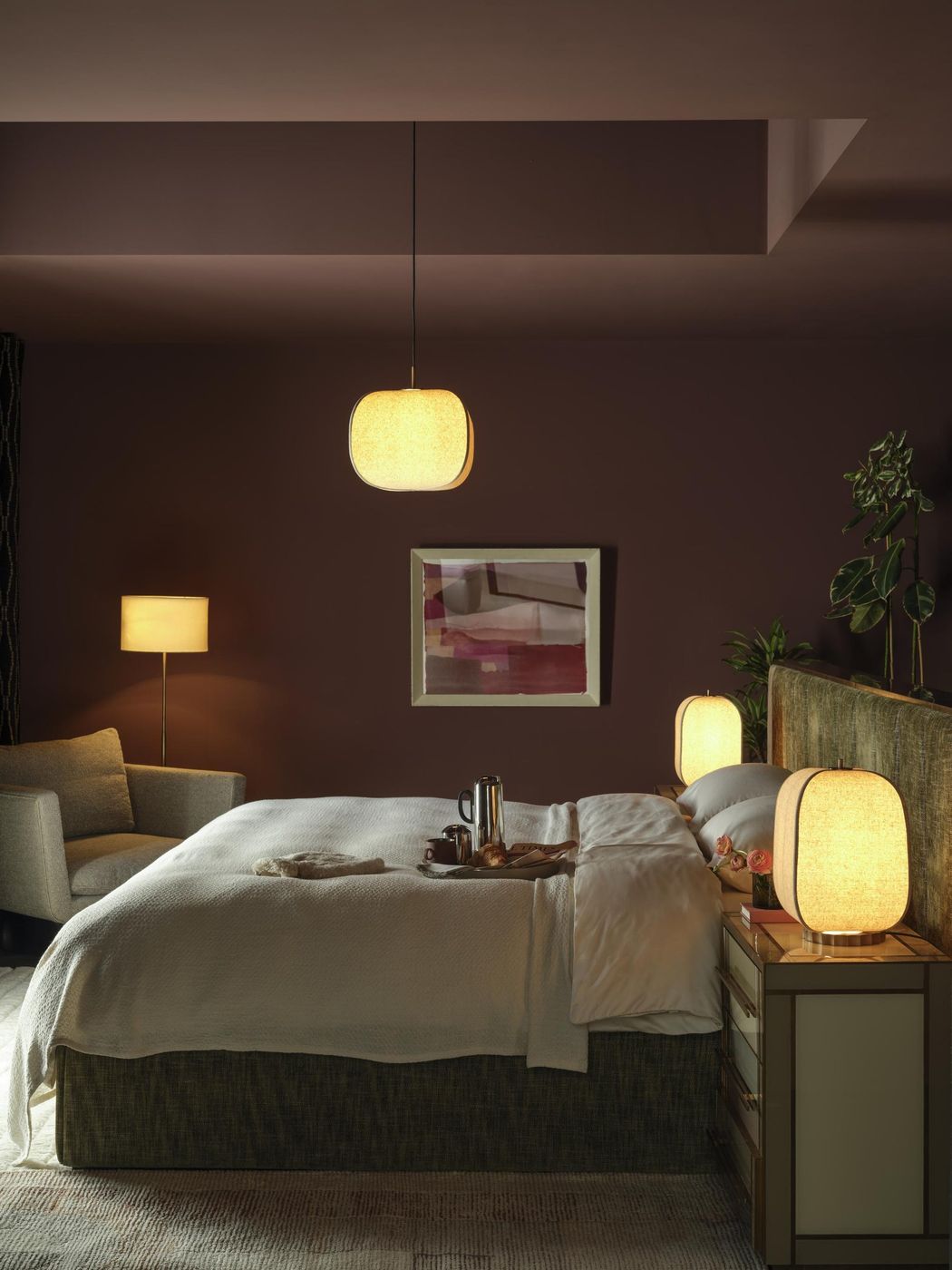 Bloxham Square Pendant Light in Natural fabric finish in a bedroom setting