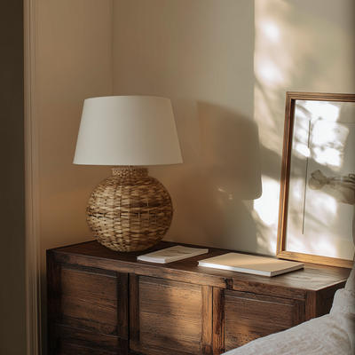 Sea Grass Round Table Lamp Base with Empire Cotton Shade