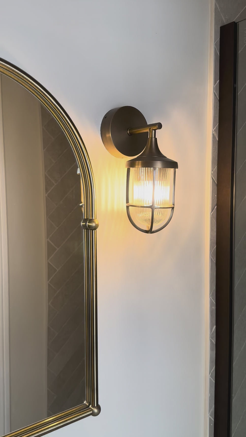 Harbour Outdoor & Bathroom Wall Light in Brass with Ribbed Glass