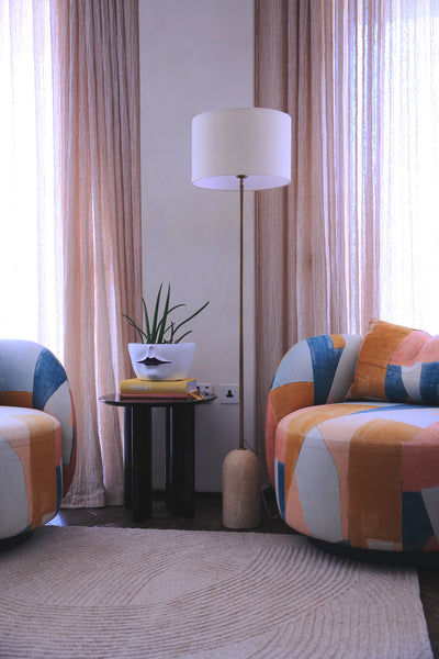 Travertine Cone Floor Lamp in Natural & Brass with a Light Natural Cotton Medium Drum Lampshade, Product Code TR-CFL-NB-DR-M-NC