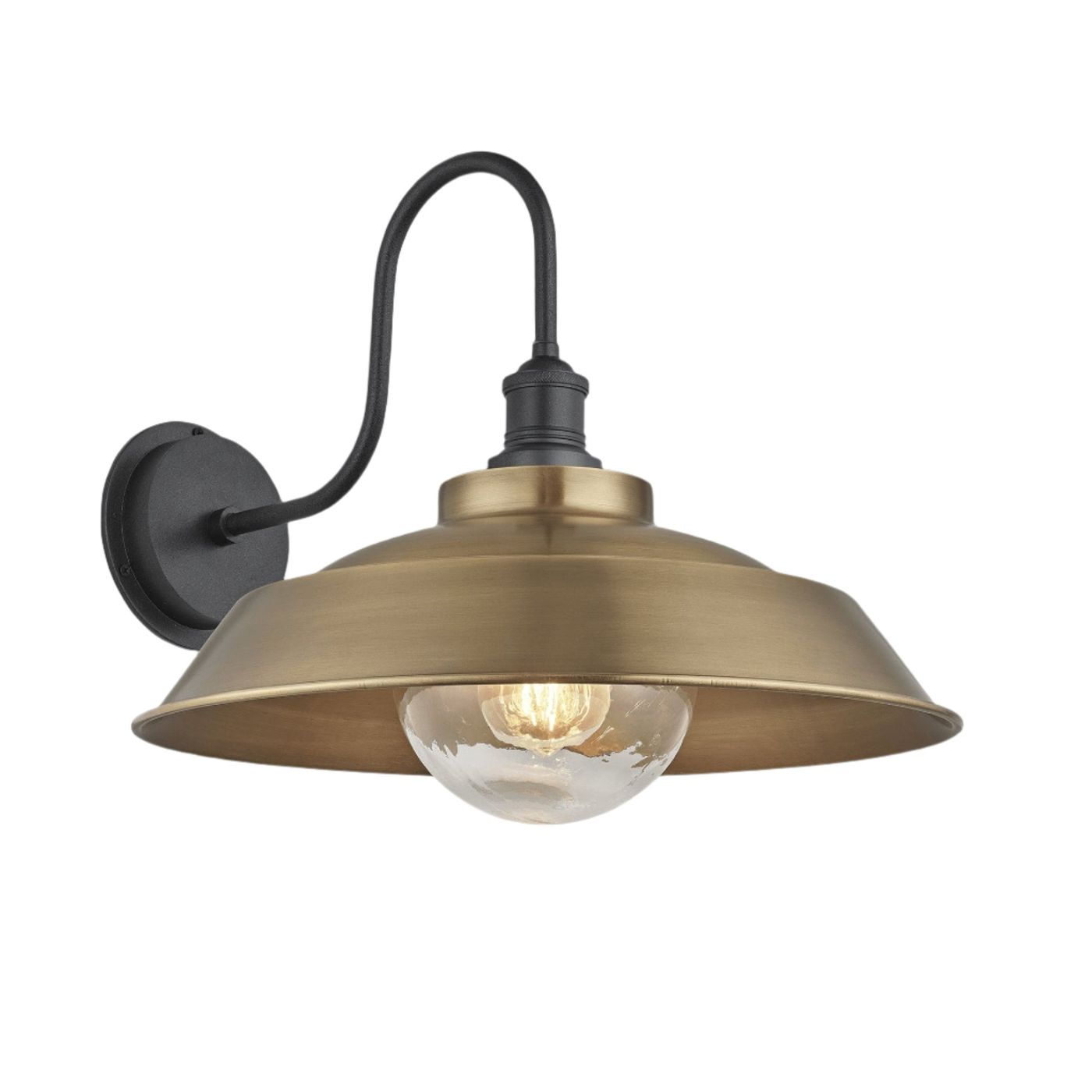 Brass Swan Neck Outdoor & Bathroom Step Wall Light in 16 Inch with Pewter Holder and Globe Glass, Product Code is SN-IP65-SWL16-B-PH-GLG
