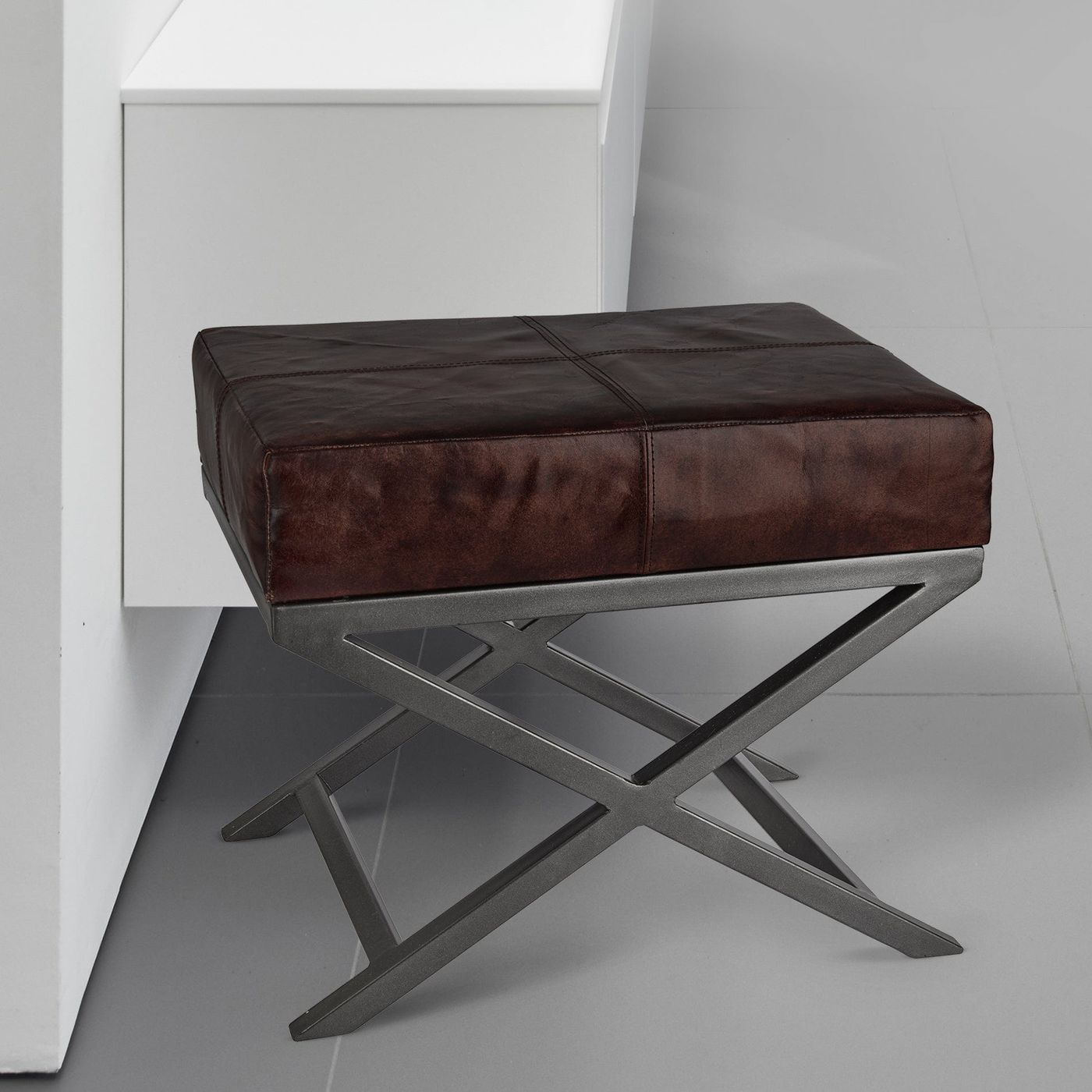 Criss Cross Real Leather & Metal Bench in 17 Inch, Product Code ST-CRI-L
