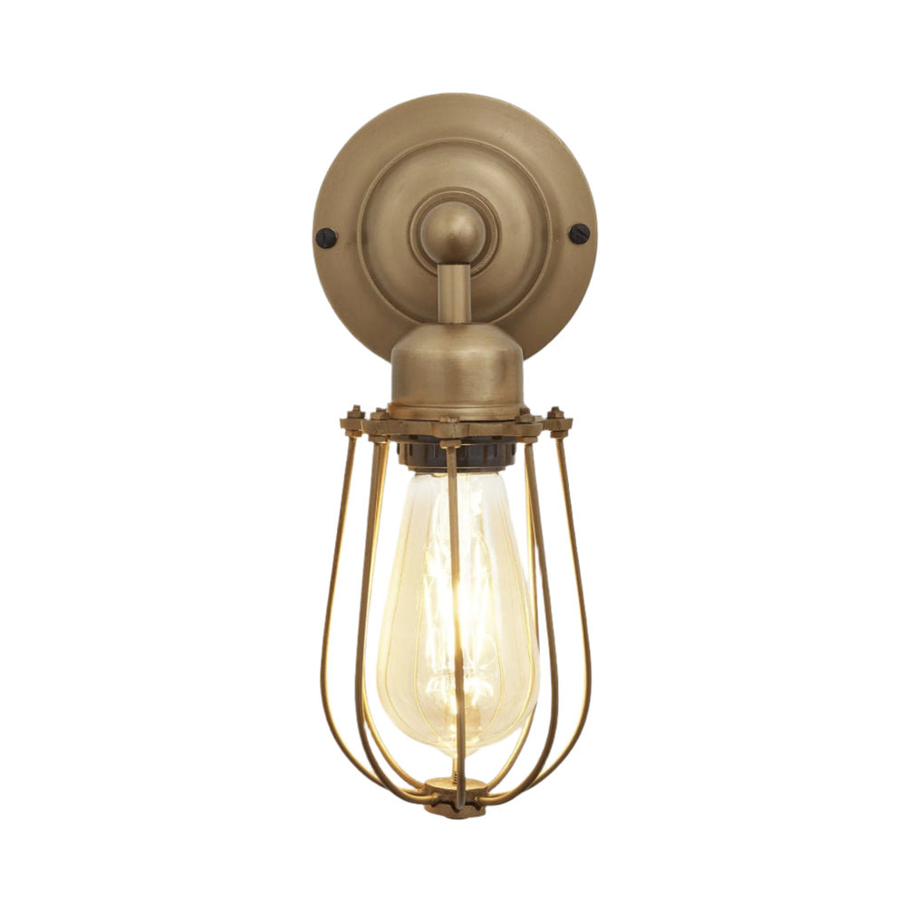 Pair Of Vintage Industrial Cage Wall Sconces - Antique Brass, E27 Bulb, Rusty Finish