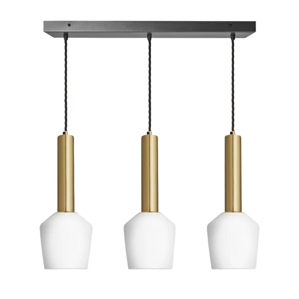 White Sleek Cylinder Opal Glass Schoolhouse 3 Wire Rectangular Cluster Lights in 5.5 inch with Brass Holders, Industville SL-CY-OGL-SH5-3WCL-W-BH