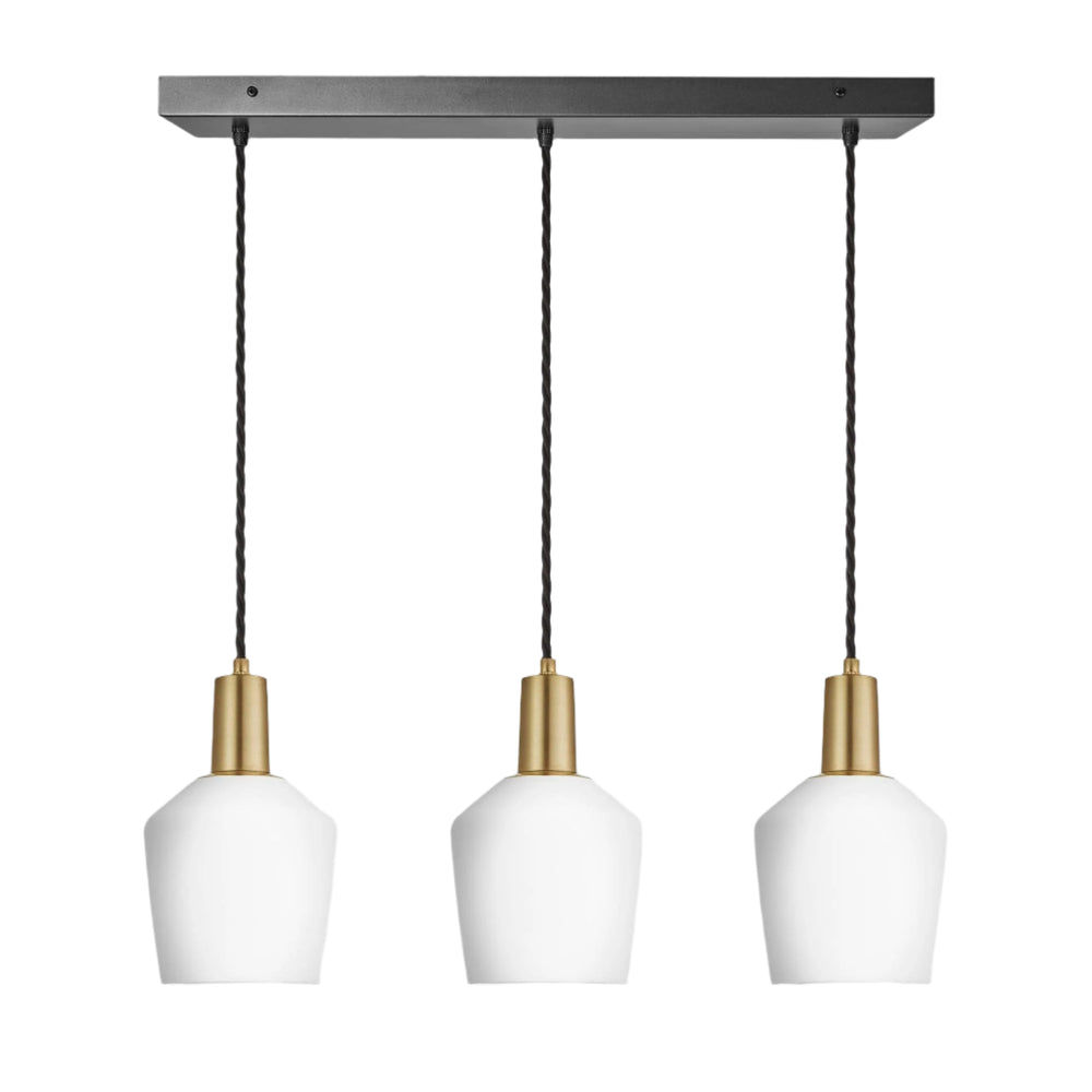 Sleek Opal Glass Schoolhouse 3 Wire Rectangle Cluster Lights in 5.5 inch with Brass Holder, Product code is SL-OGL-SH5-3WCL-W-BH
