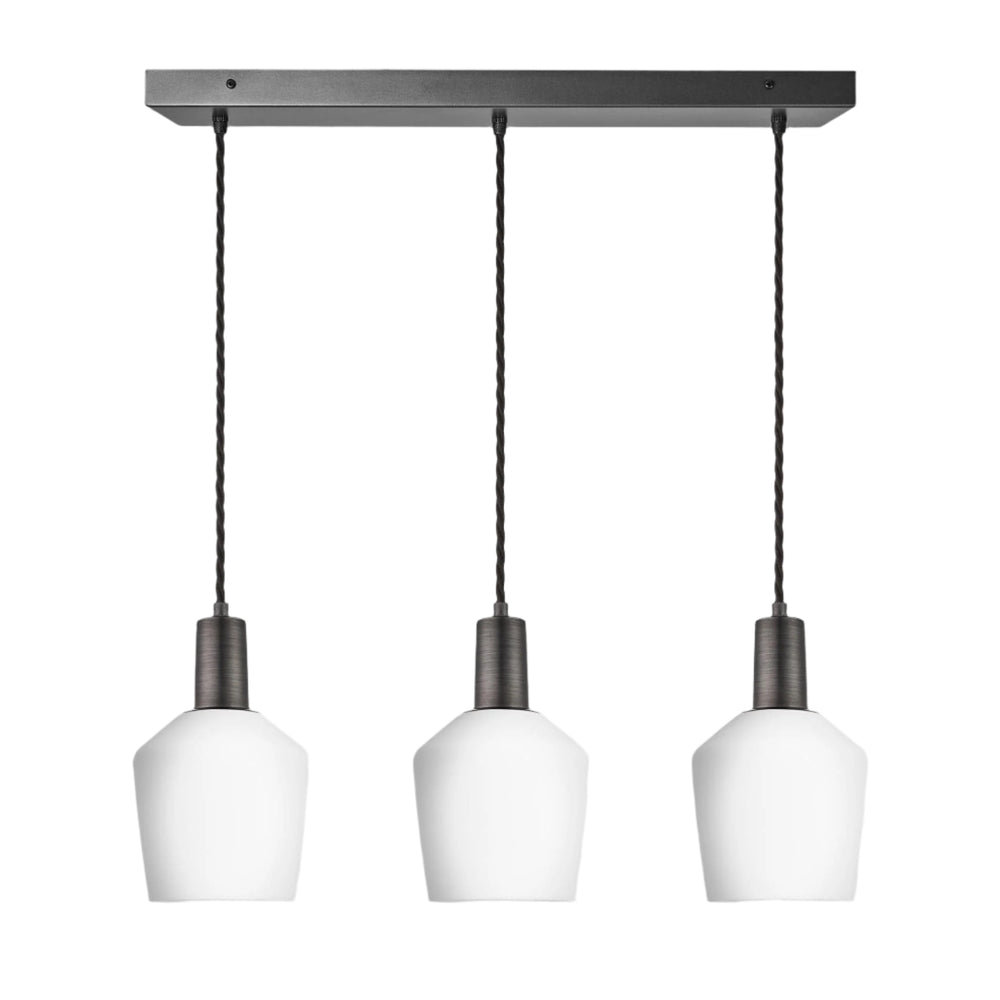 Sleek Opal Glass Schoolhouse 3 Wire Rectangle Cluster Lights in 5.5 inch with  Pewter Holder, Product code is SL-OGL-SH5-3WCL-W-PH
