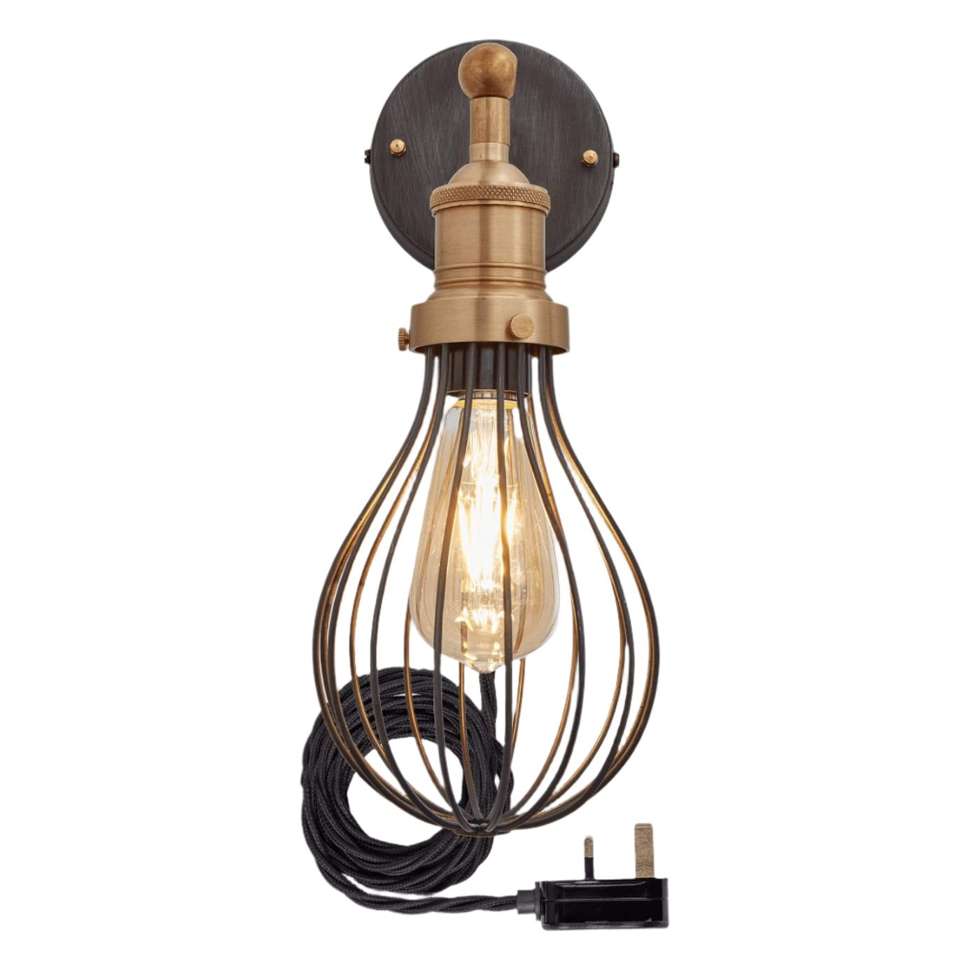 Pewter Brooklyn Balloon Cage Wall Light in 6 Inch with Brass Holder and plug, Product Code is BR-BCWL6-P-BH-FLWP