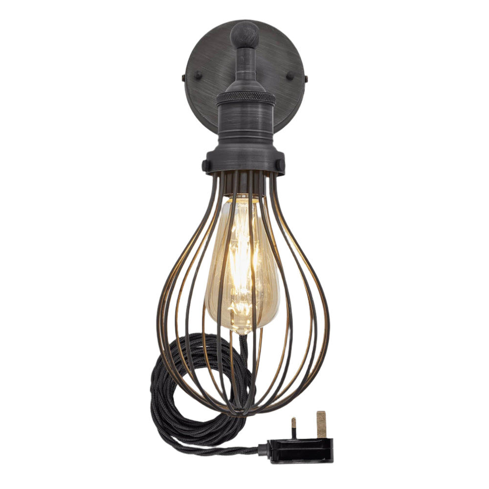 Pewter Brooklyn Balloon Cage Wall Light in 6 Inch with Pewter Holder and plug, Product Code is BR-BCWL6-P-PH-FLWP