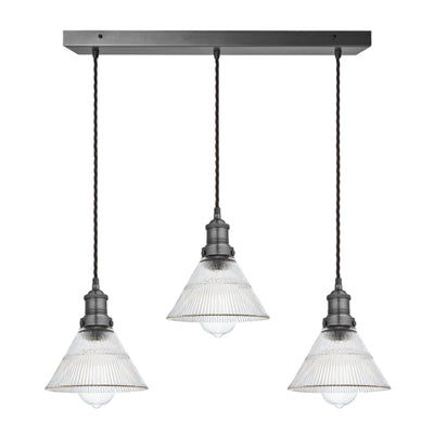 Brooklyn Glass Funnel 3 Wire Cluster Lights with 7 inch Glass Shade and Rectangle Pewter Holder, Product Code BR-GLF7-3WCL-PH