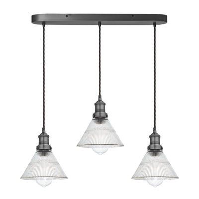 Brooklyn Glass Funnel 3 Wire Cluster Lights with 7 inch Glass Shade and Oval Pewter Holder, Product Code BR-GLF7-3WCL-PH