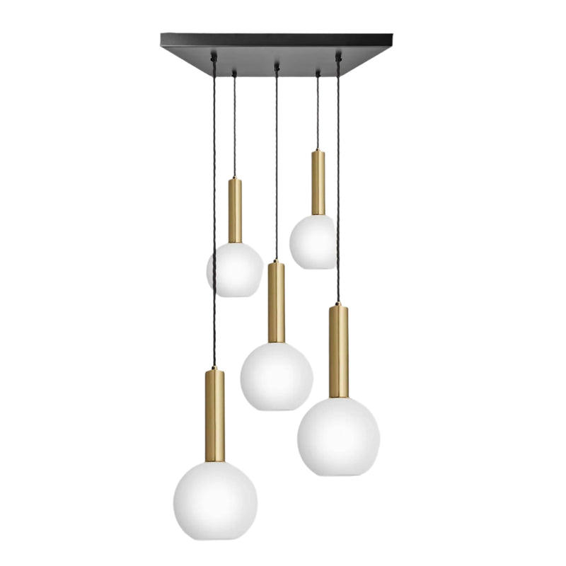 Sleek Cylinder White Opal Glass Globe 5 Wire Square Cluster Lights in 7 inch with Brass Holder - Industville SL-CY-OGL-GL7-5WSQCL-W-BH