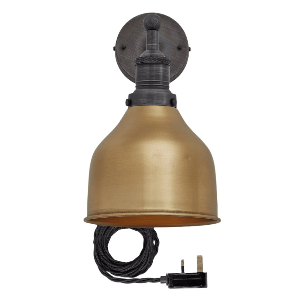 Brass Brooklyn Cone Wall Light in 7 Inch with Pewter Holder and plug, Product code is BR-CWL7-B-PH-FLWP