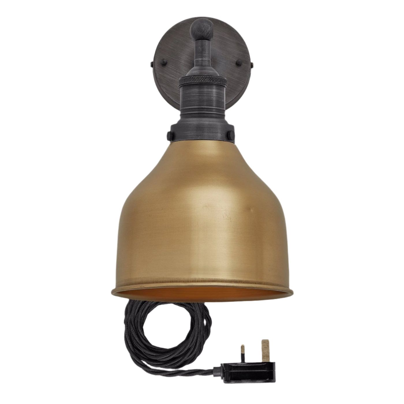 Brass Brooklyn Cone Wall Light in 7 Inch with Pewter Holder and plug, Product code is BR-CWL7-B-PH-FLWP