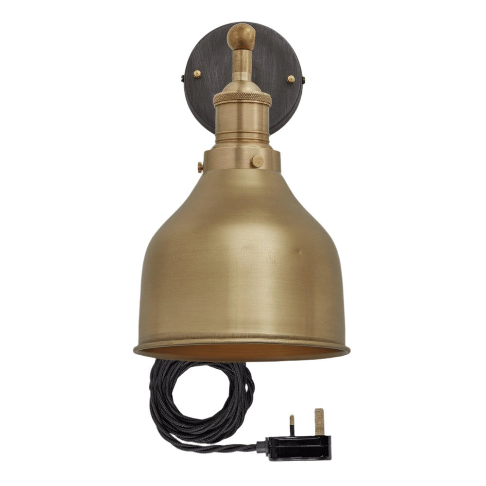 Brass Brooklyn Cone Wall Light in 7 Inch with Brass Holder and plug, Product code is BR-CWL7-B-BH-FLWP