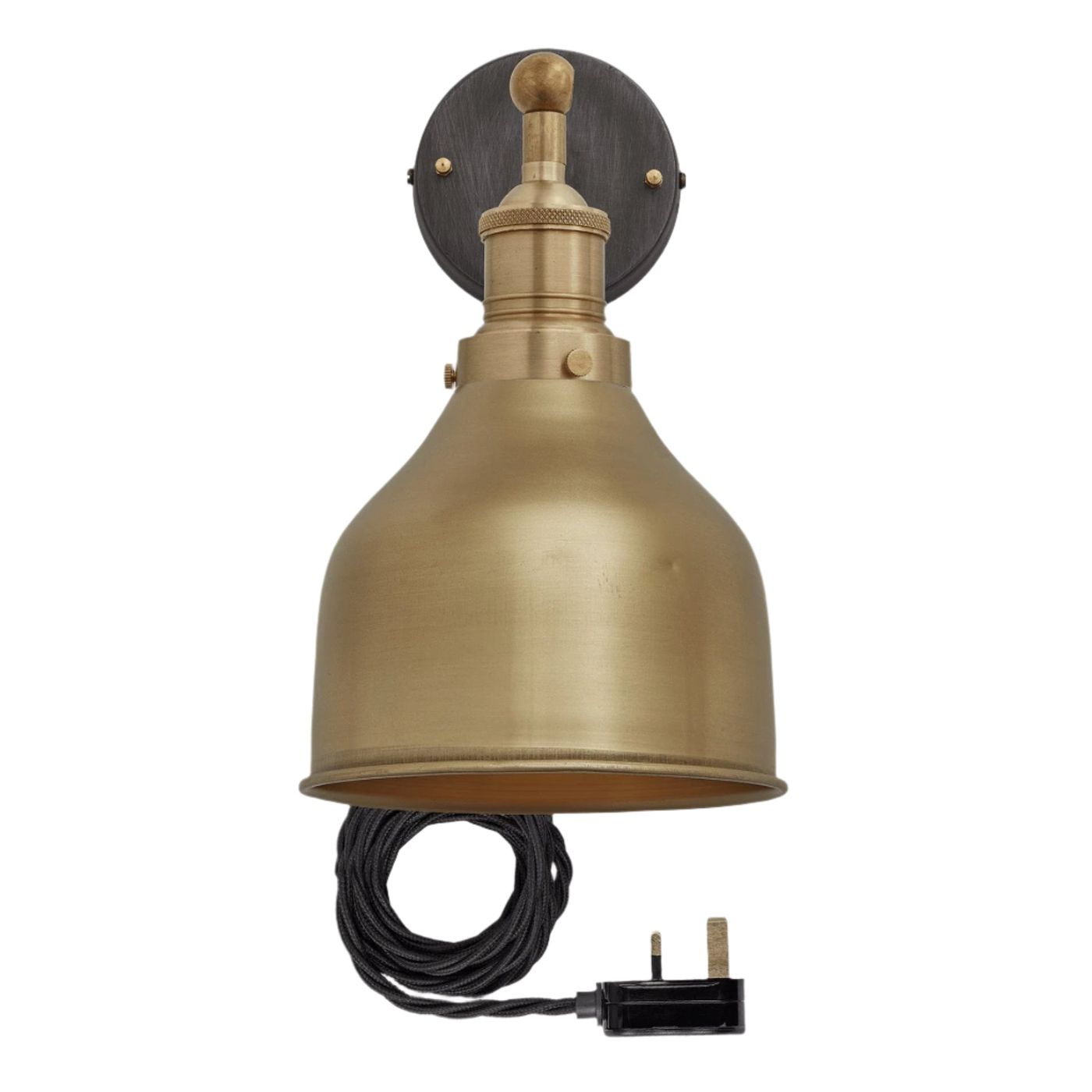 Brass Brooklyn Cone Wall Light in 7 Inch with Brass Holder and plug, Product code is BR-CWL7-B-BH-FLWP