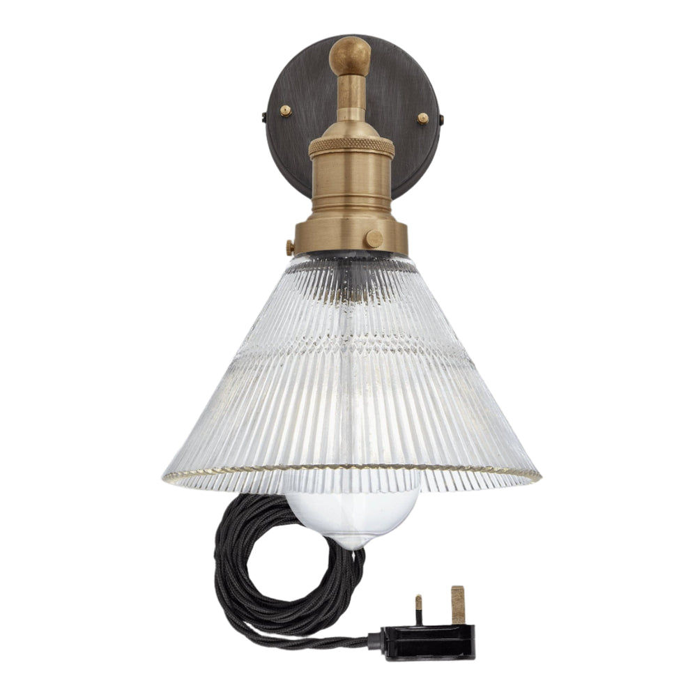 Glass Funnel with Brass Holder and Plug Brooklyn Wall Light - 7 Inch BR-GLFWL7-BH-FLWP