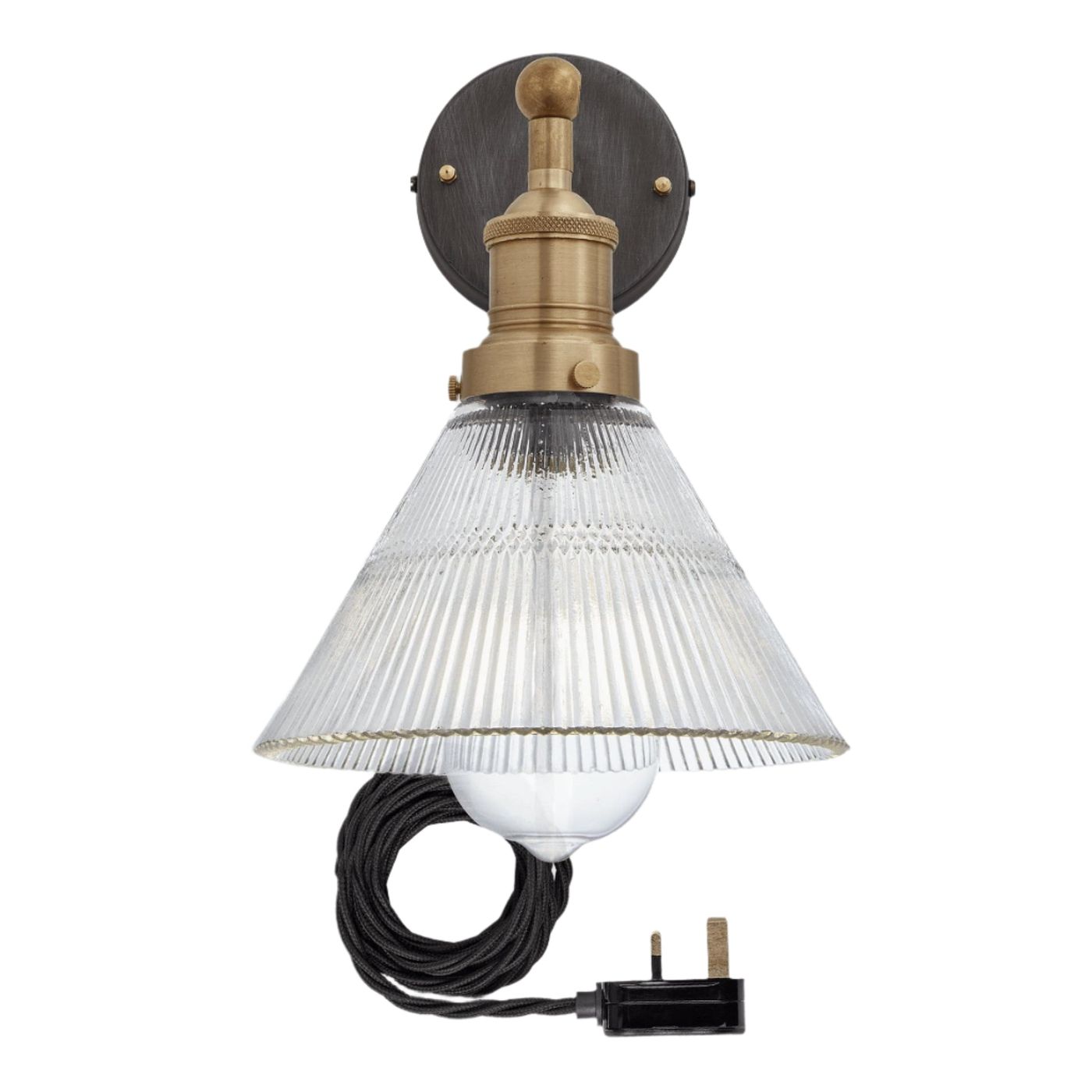 Glass Funnel with Brass Holder and Plug Brooklyn Wall Light - 7 Inch BR-GLFWL7-BH-FLWP