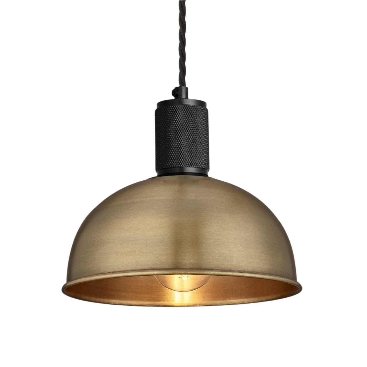 Brass with Black Holder Knurled Dome Pendant Light - 8 Inch - Industville KN-DP8-B-BKH