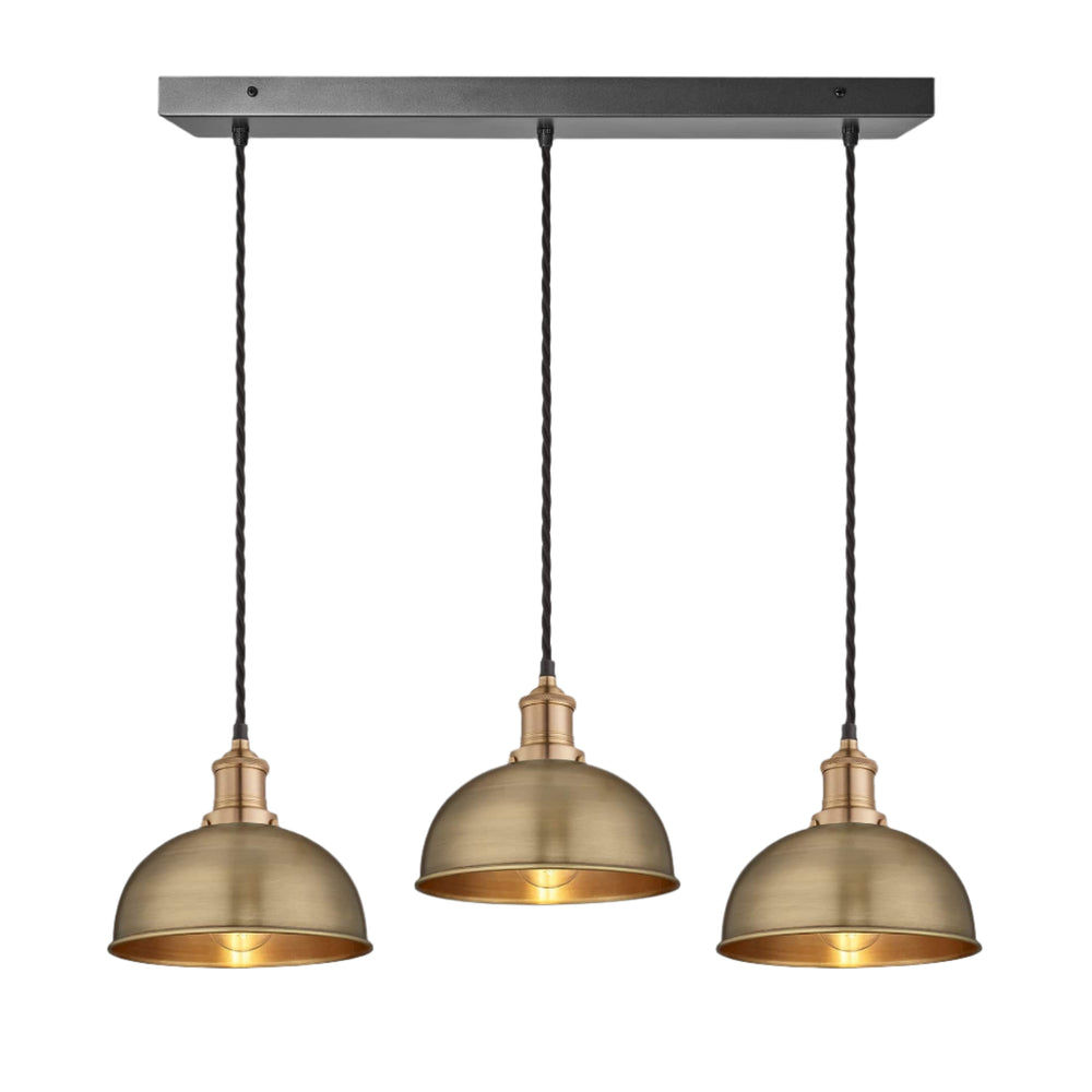 Brass Brooklyn Dome 3 Wire Cluster Lights in 8 inch with Brass Holder and rectangle ceiling rose, Product code is BR-D8-3WCL-B-BH