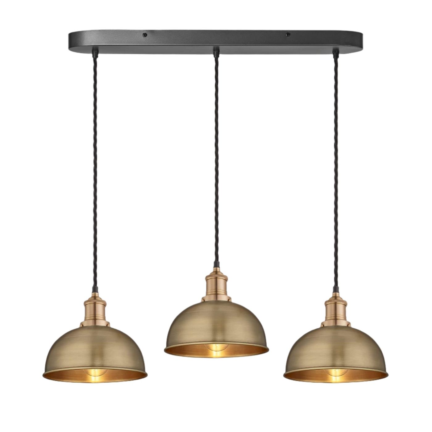 Brass Brooklyn Dome 3 Wire Cluster Lights in 8 inch with Brass Holder and oval ceiling rose, Product code is BR-D8-3WOCL-B-BH