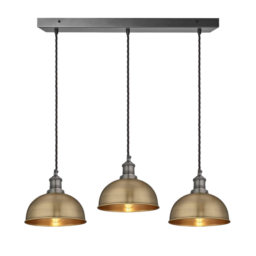 Brass Brooklyn Dome 3 Wire Cluster Lights in 8 inch with Pewter Holder and rectangle ceiling rose, Product code is BR-D8-3WCL-B-PH