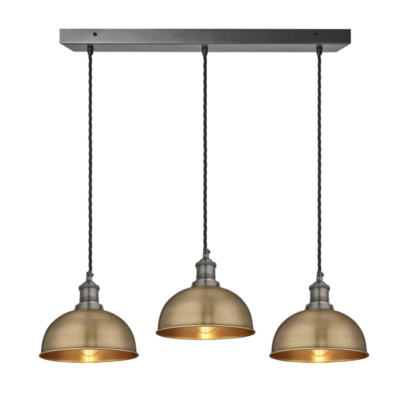 Brass Brooklyn Dome 3 Wire Cluster Lights in 8 inch with Pewter Holder and rectangle ceiling rose, Product code is BR-D8-3WCL-B-PH