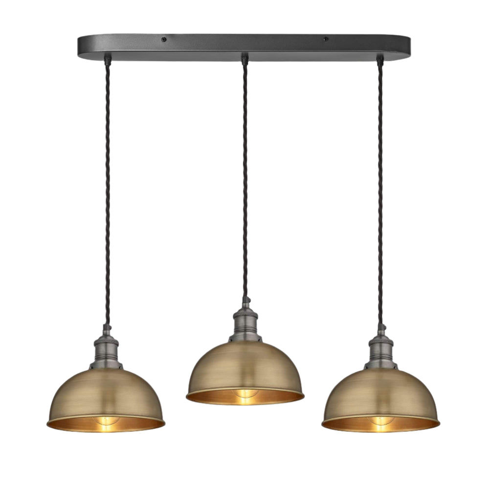 Brass Brooklyn Dome 3 Wire Cluster Lights in 8 inch with Pewter Holder and oval ceiling rose, Product code is BR-D8-3WCL-B-PH