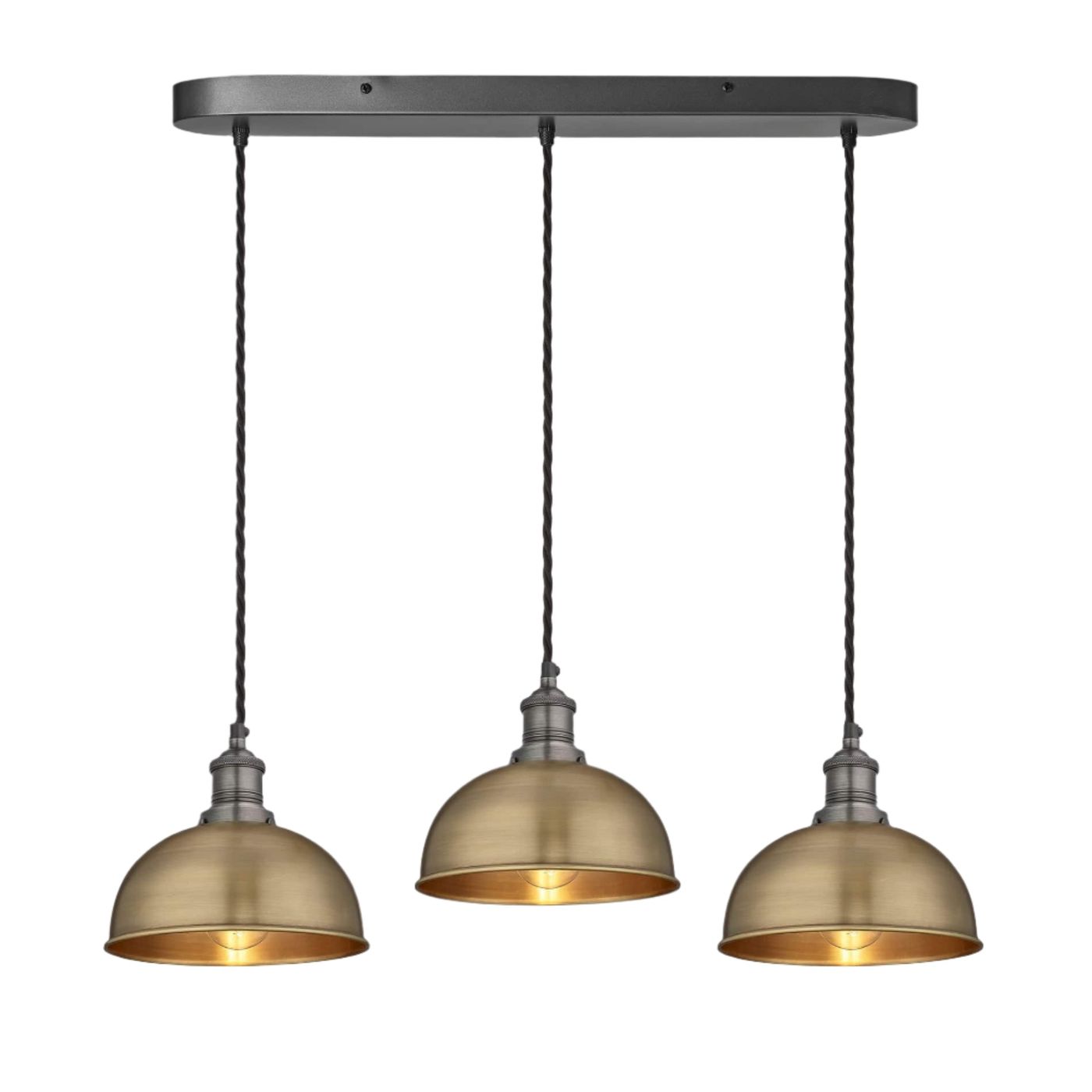 Brass Brooklyn Dome 3 Wire Cluster Lights in 8 inch with Pewter Holder and oval ceiling rose, Product code is BR-D8-3WCL-B-PH