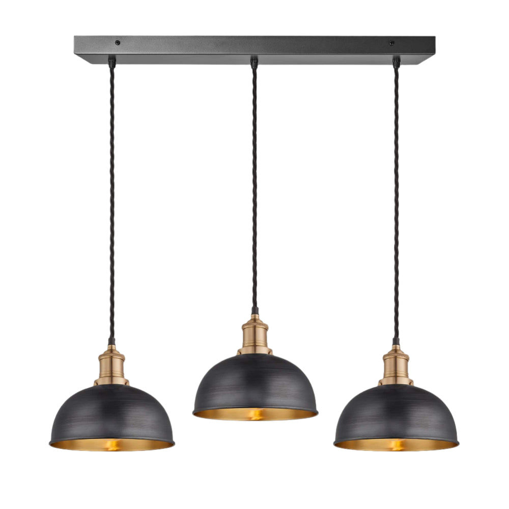 Pewter and Brass Brooklyn Dome 3 Wire Cluster Lights in 8 inch with Brass Holder, and rectangle ceiling rose BR-D8-3WCL-BP-BH