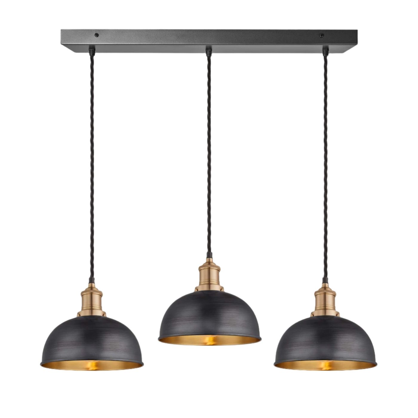 Pewter and Brass Brooklyn Dome 3 Wire Cluster Lights in 8 inch with Brass Holder, and rectangle ceiling rose BR-D8-3WCL-BP-BH